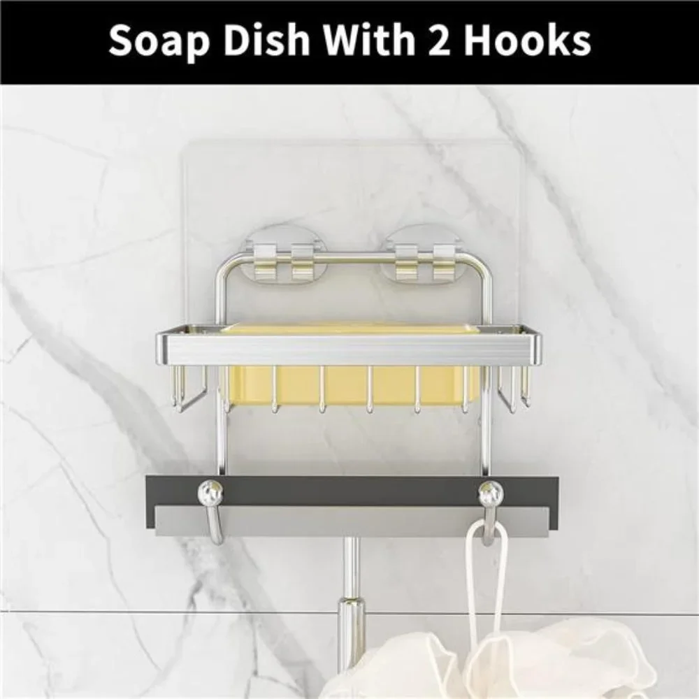 Shower Organizer with Hooks Stainless Steel Rustproof Adhesive Chrome, Silver